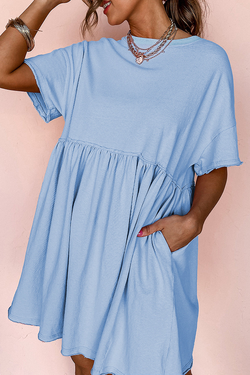 Sky Blue Solid Color Pocketed Raw Edge Babydoll Dress Mini Dresses JT's Designer Fashion