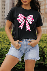 Black Checkerboard Bowknot Graphic Crewneck T Shirt Graphic Tees JT's Designer Fashion