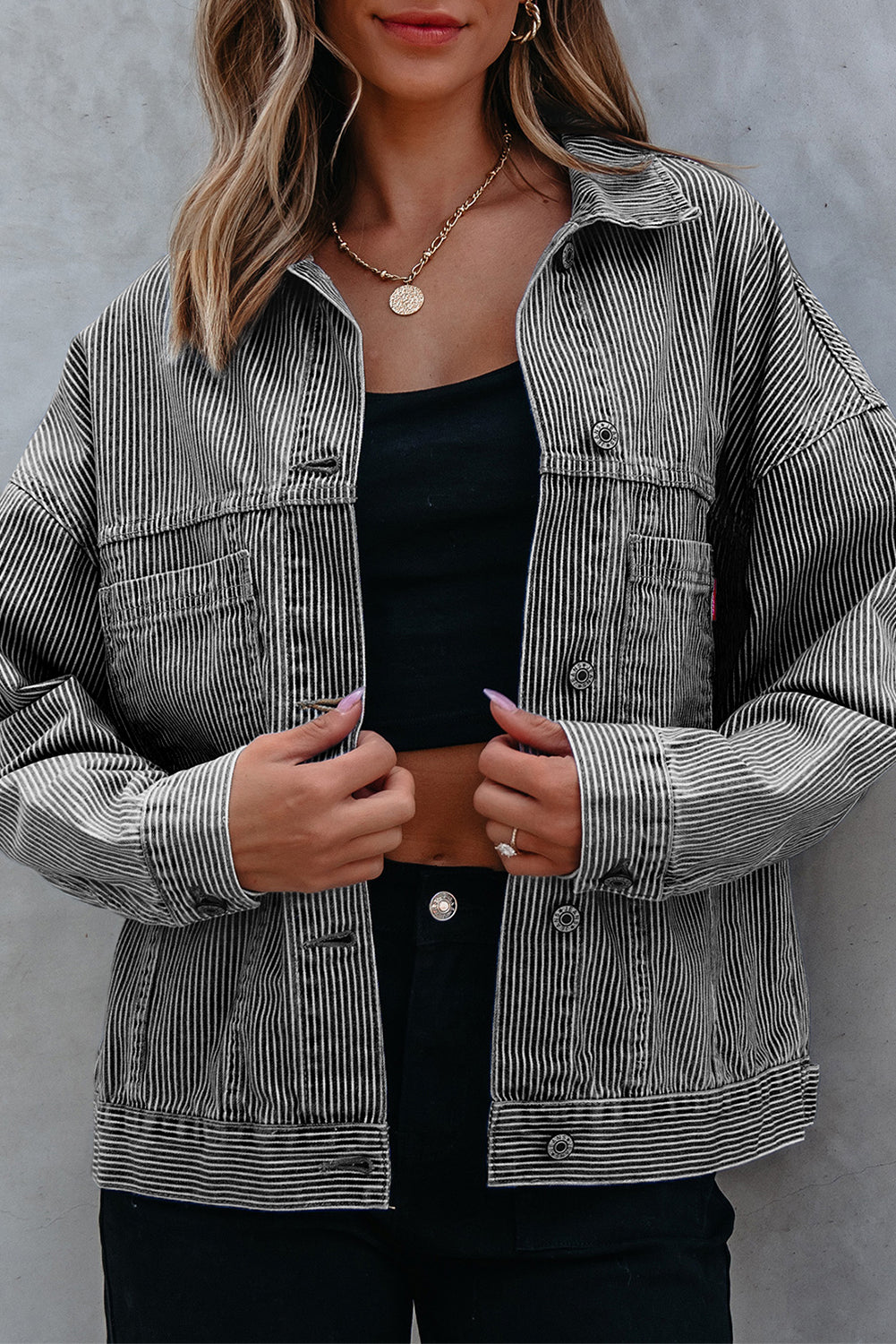 Blue Stripe Washed Oversize Pocketed Denim Jacket Denim Jackets JT's Designer Fashion