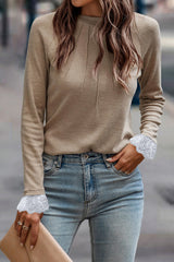 Parchment Seam Detail Lace Contrast Cuffs Raglan Sleeve Top Long Sleeve Tops JT's Designer Fashion