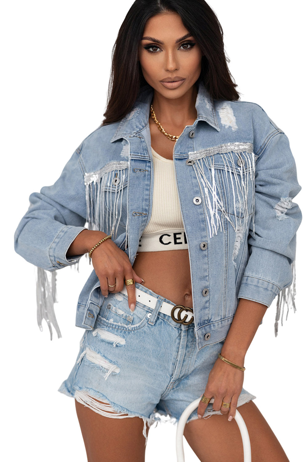 Sky Blue Sequin Embellished Fringe Distressed Denim Jacket Denim Jackets JT's Designer Fashion