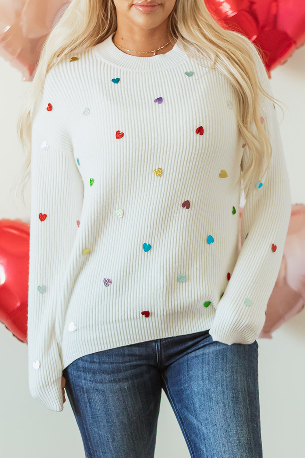 Beige Sequin Heart Shape Waffle Knit Round Neck Sweater Sweaters JT's Designer Fashion