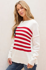 White American Flag Cable Knit Drop Shoulder Sweater Sweaters JT's Designer Fashion
