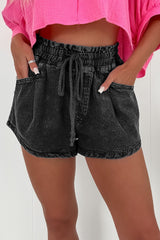 Black Drawstring High Waist Casual Denim Shorts with Pockets Denim Shorts JT's Designer Fashion