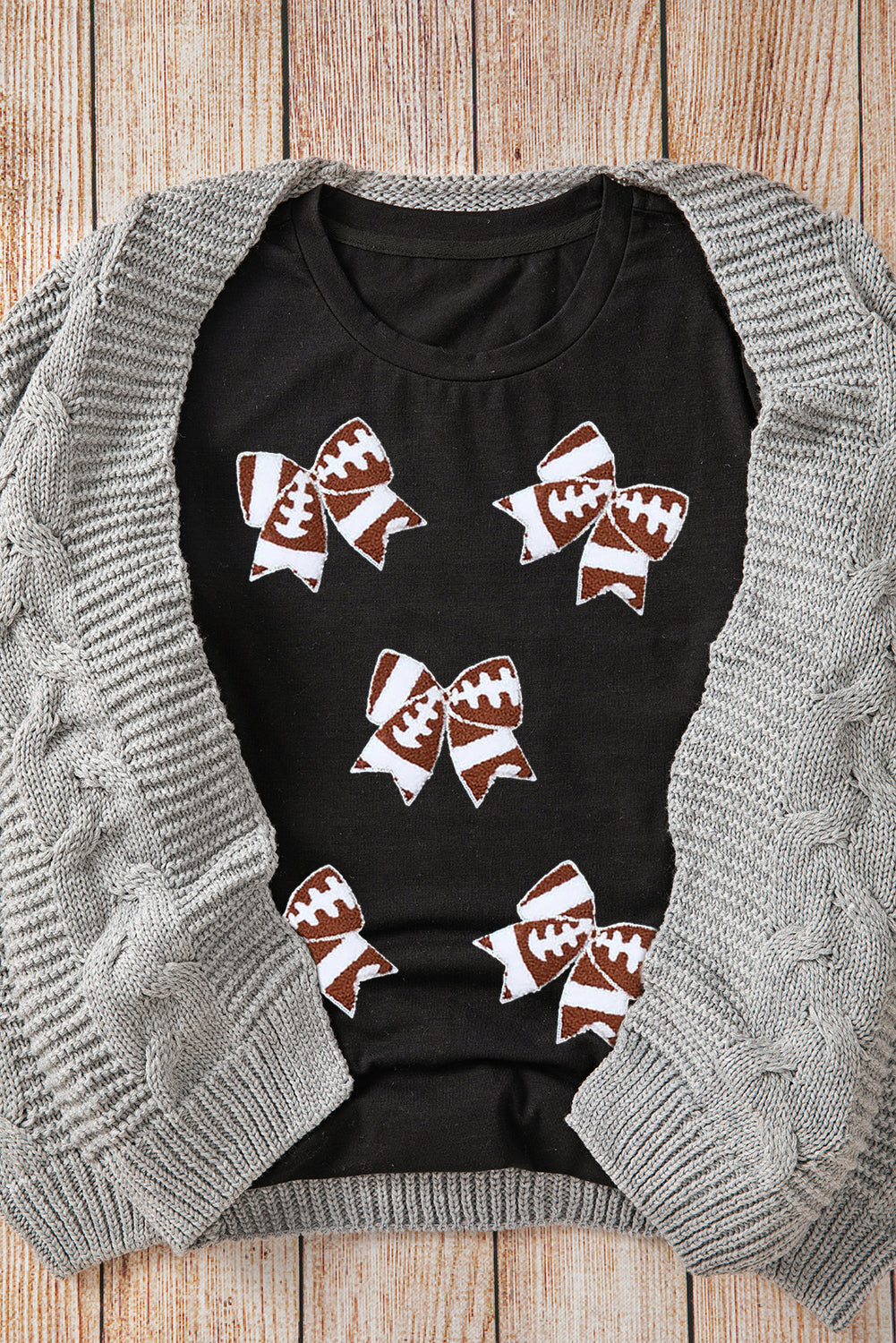 Black Rugby Football Bowknot Pattern Game Day T Shirt Graphic Tees JT's Designer Fashion