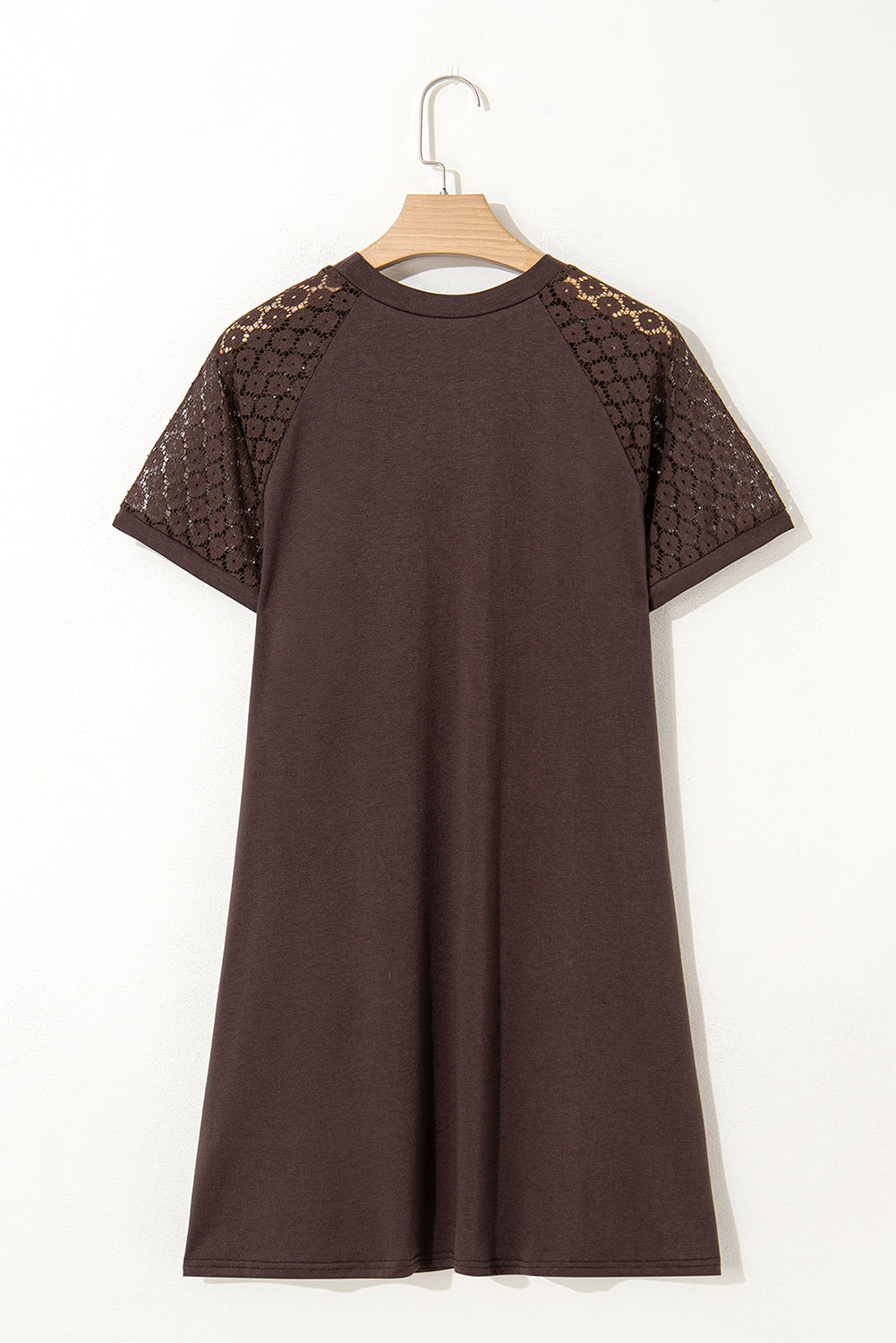 Dark Brown Contrast Lace Raglan Sleeve Pleated Detail Shift Dress T Shirt Dresses JT's Designer Fashion