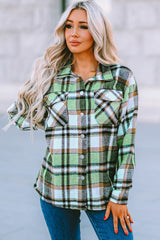 Green Geometric Plaid Print Pocketed Shacket Green 100%Polyester Plaid Shackets JT's Designer Fashion