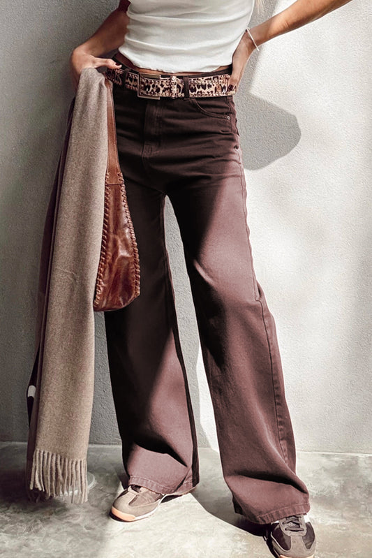 Coffee Loose Straight High Waist Solid Color Jeans Coffee 98%Cotton+2%Elastane Jeans JT's Designer Fashion