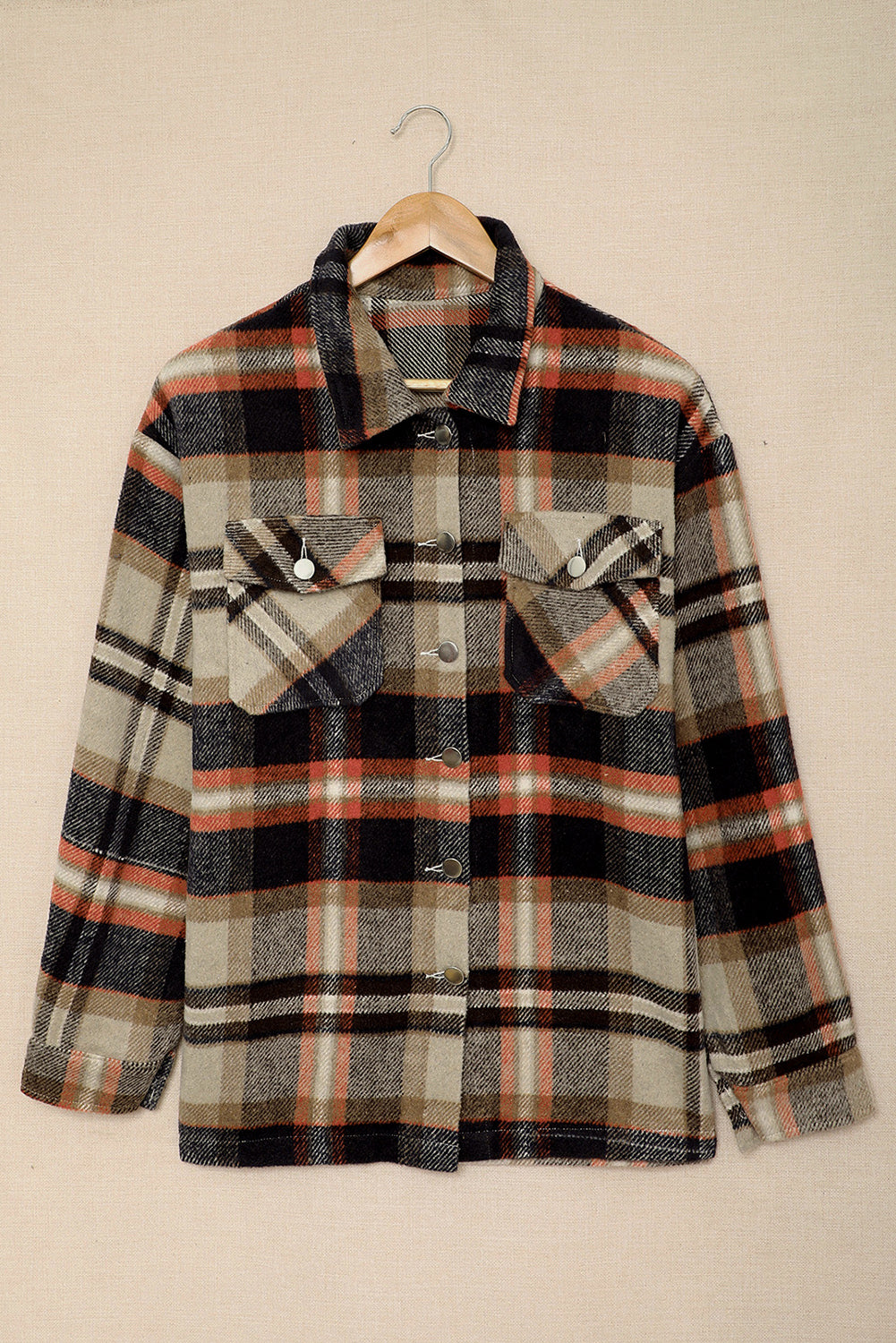 Khaki Geometric Plaid Print Pocketed Shacket Plaid Shackets JT's Designer Fashion