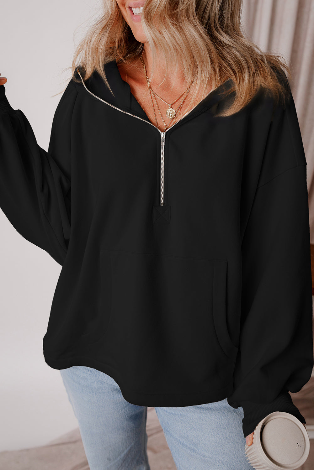 Black Fleece Lined Half Zipper Kangaroo Pockets Loose Hoodie Sweatshirts & Hoodies JT's Designer Fashion
