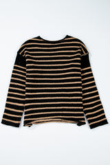 Black Stripe Drop Shoulder Round Neck Loose Sweater Sweaters JT's Designer Fashion