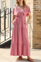 Rose Pink Textured V Neck Flutter Sleeve Ruffled Long Dress Maxi Dresses JT's Designer Fashion