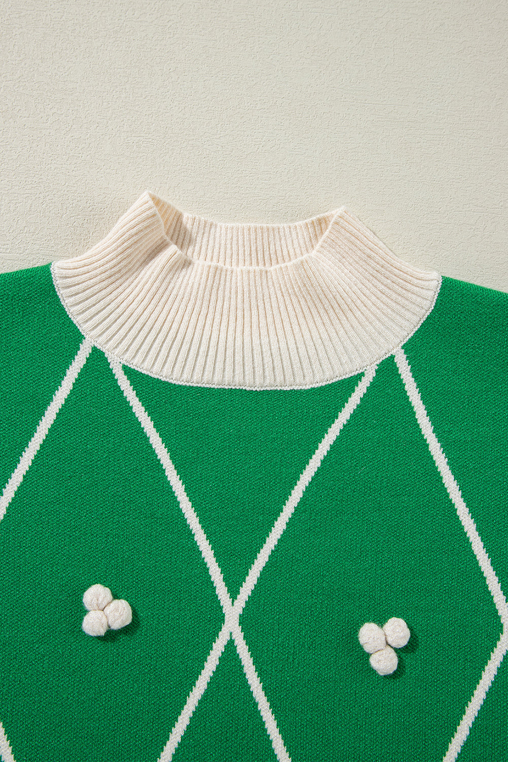Dark Green Diamond Pattern Pom Accents Contrast Trim High Neck Sweater Sweaters JT's Designer Fashion
