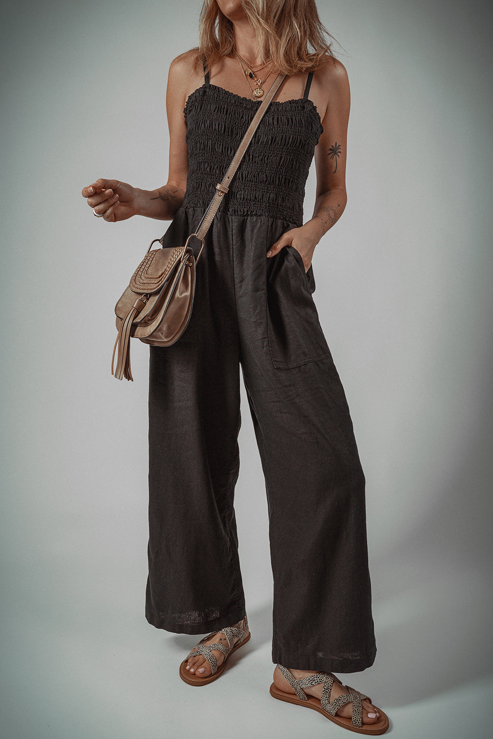 Black Spaghetti Straps Shirred Bodice Pocketed Wide Leg Jumpsuit Jumpsuits & Rompers JT's Designer Fashion