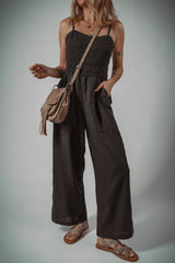 Black Spaghetti Straps Shirred Bodice Pocketed Wide Leg Jumpsuit Jumpsuits & Rompers JT's Designer Fashion