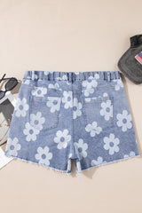 Ashleigh Blue Floral Pattern High Waist Raw Hem Plus Size Denim Shorts Plus Size Bottoms JT's Designer Fashion