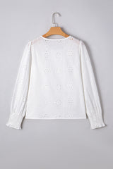 White Eyelet Embroidered Smocked Cuff Sheer Blouse Blouses & Shirts JT's Designer Fashion