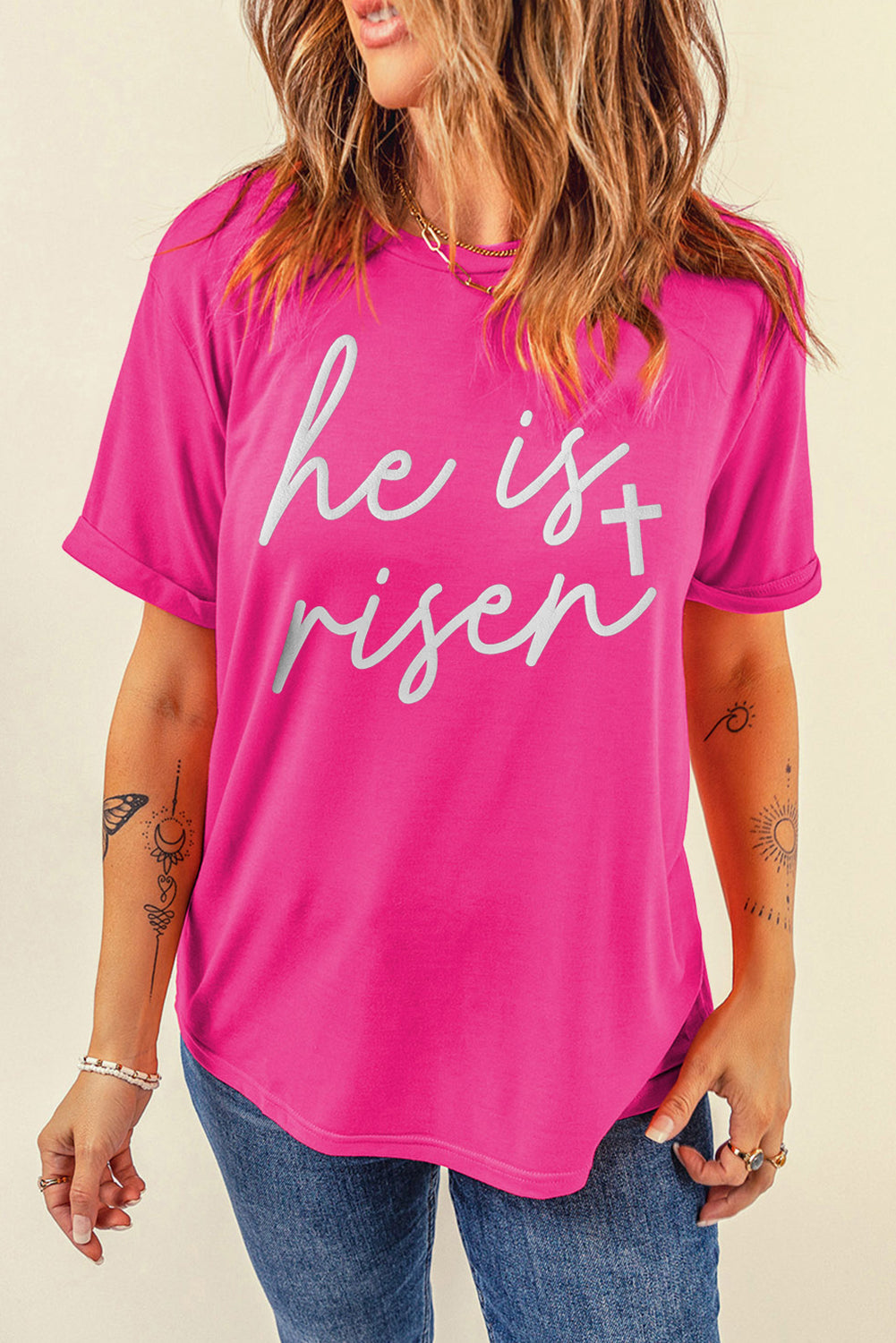 Rose Red Glitter he is risen Cross Printed Crewneck Tee Graphic Tees JT's Designer Fashion