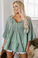 Laurel Green Tie Split Neck Textured Ruffle Patchwork Blouse Blouses & Shirts JT's Designer Fashion
