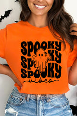 Orange SPOOKY Vibe Ghost Print Crewneck Halloween T Shirt Graphic Tees JT's Designer Fashion