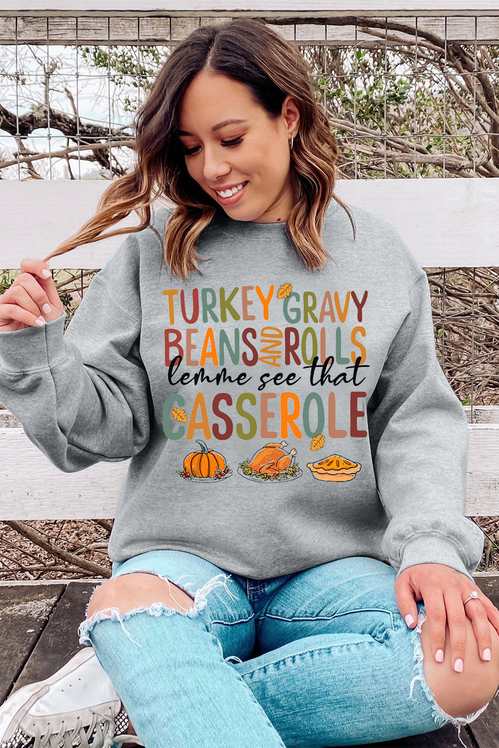Gray Thanksgiving Slogan Pumpkin Turkey Pie Graphic Sweatshirt Graphic Sweatshirts JT's Designer Fashion