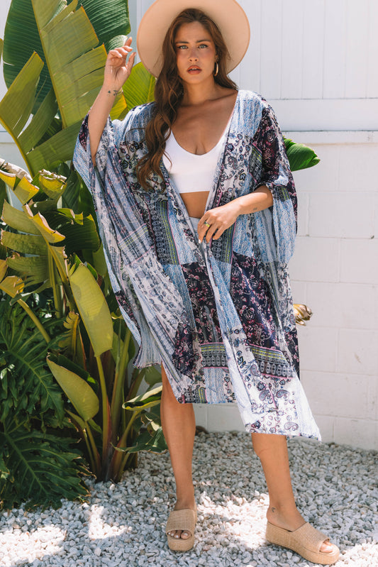 Blue Retro Floral Print Long Loose Open Front Kimono Blue ONE SIZE 100%Polyester Kimonos JT's Designer Fashion
