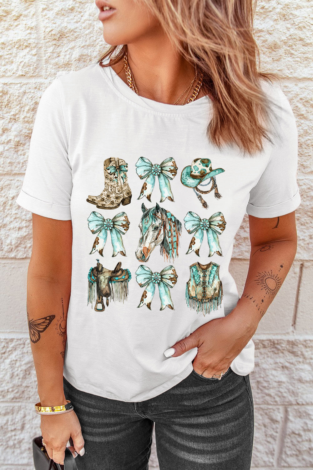 White Horse Bowknot Cowgirl Fashion Print Crewneck Tee Graphic Tees JT's Designer Fashion