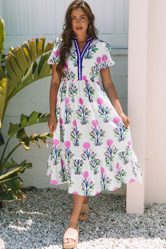 White Floral Puff Short Sleeve V Neck High Waist Maxi Dress White 100%Polyester Floral Dresses JT's Designer Fashion