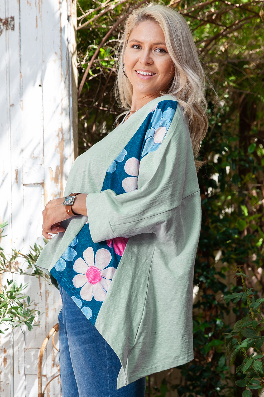 Green Plus Size Flower Patchwork High Low Top Plus Size Long Sleeve Tops JT's Designer Fashion