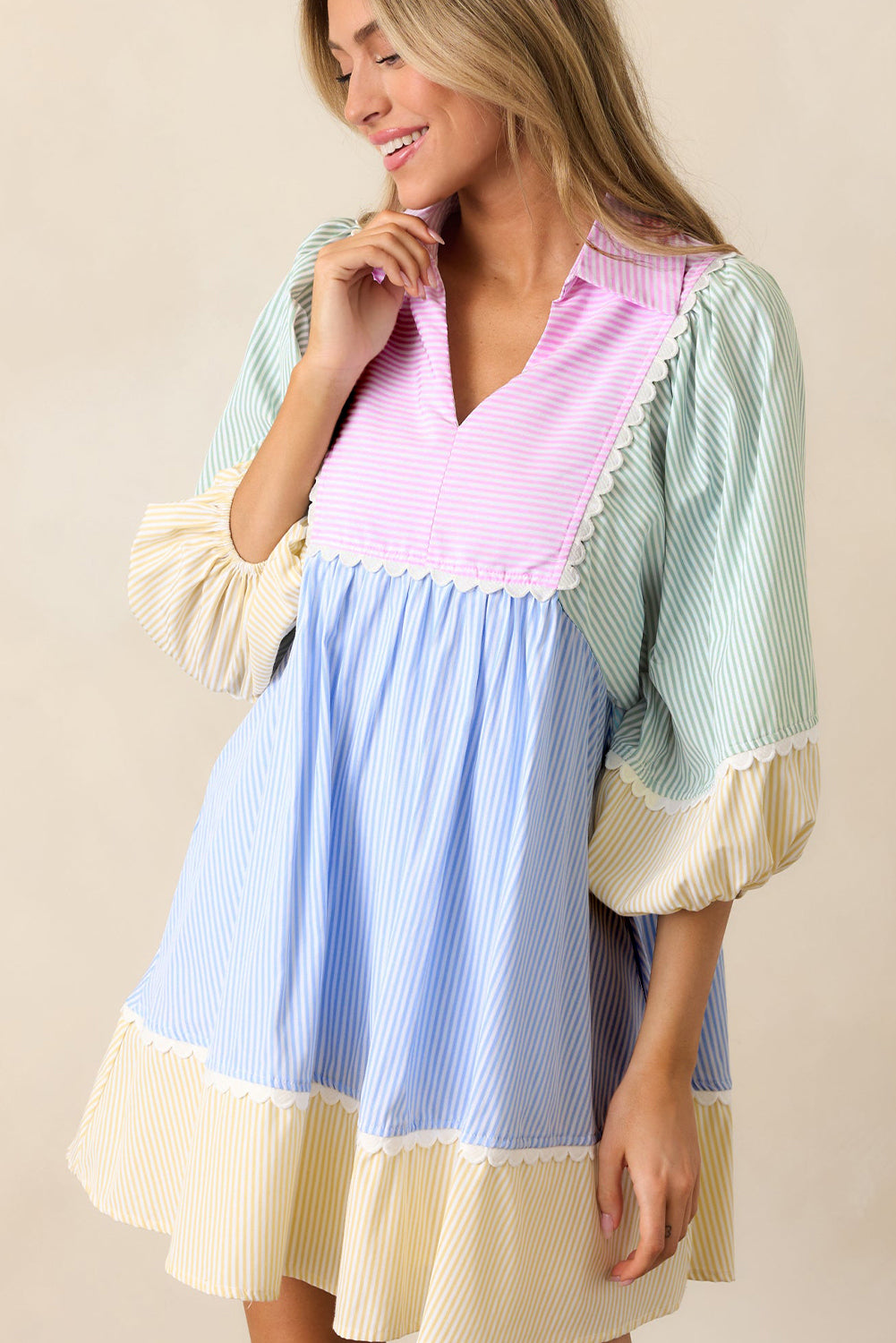 Multicolour Striped Patchwork Ric Rac Puff Sleeve Collared Mini Dress Mini Dresses JT's Designer Fashion