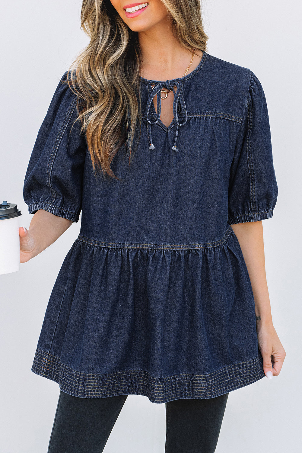 Sail Blue Puff Sleeve Lace-up Neckline Splicing Denim Blouse Blouses & Shirts JT's Designer Fashion