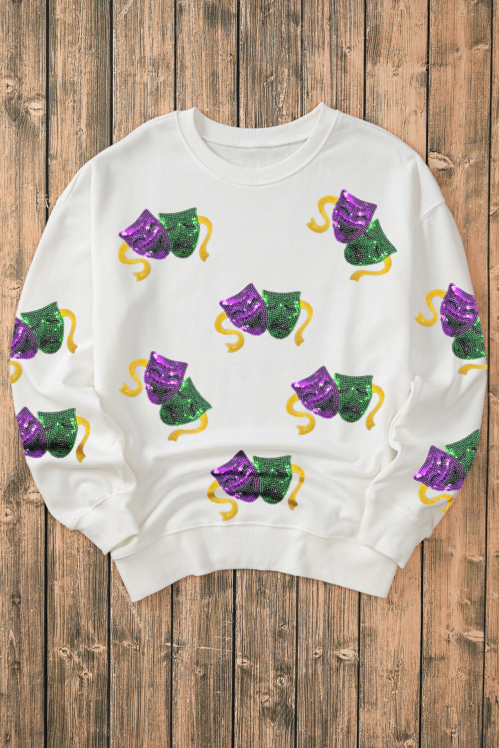 White Sequined Mardi Gras Mask Pattern Drop Shoulder Sweatshirt Graphic Sweatshirts JT's Designer Fashion