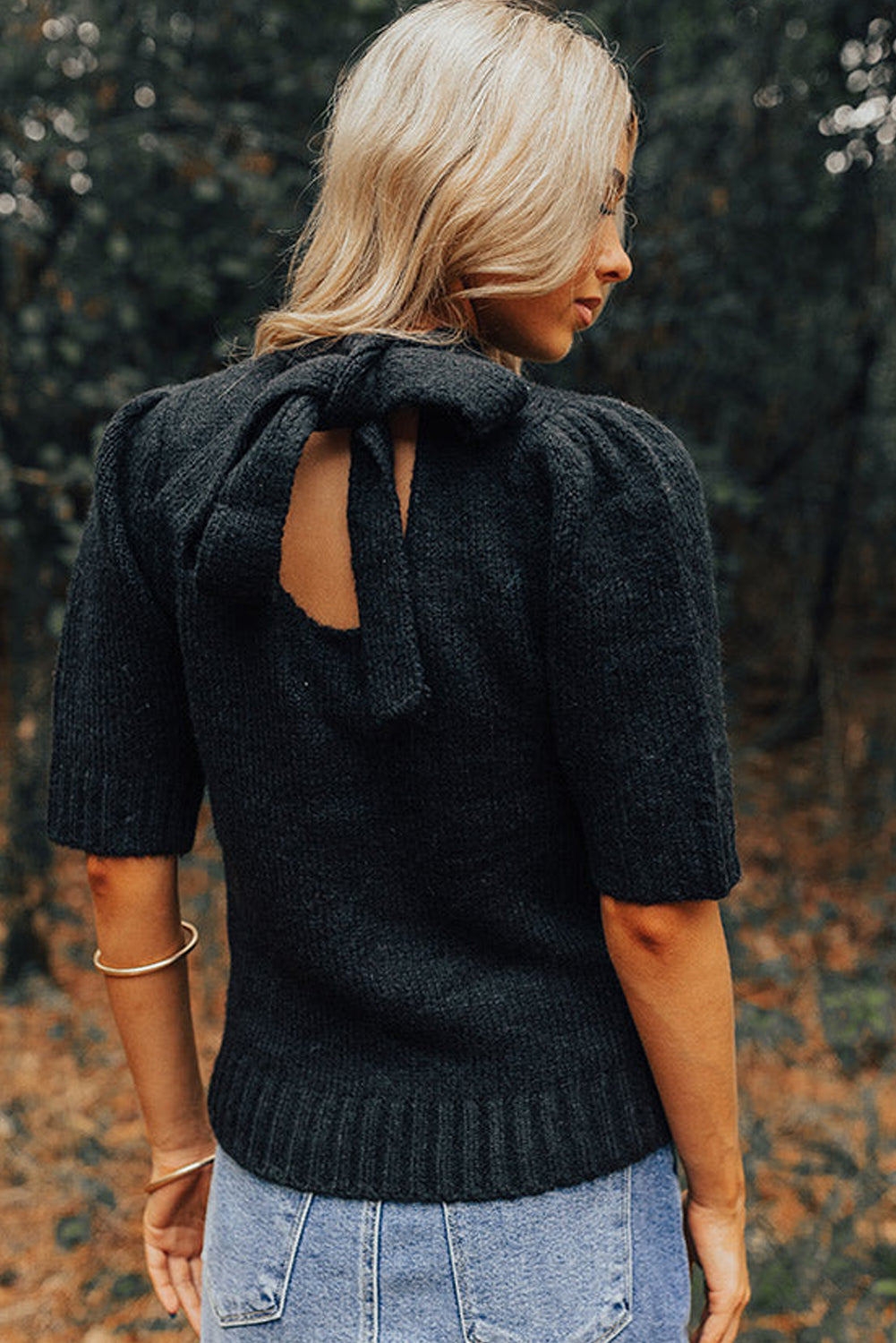 Black Knotted Keyhole Nape Short Sleeve Knit Sweater Top Sweaters & Cardigans JT's Designer Fashion