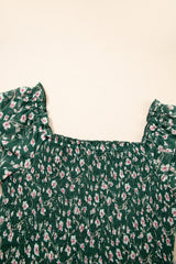 Green Smocked Square Neck Puff Short Sleeve Floral Dress Floral Dresses JT's Designer Fashion