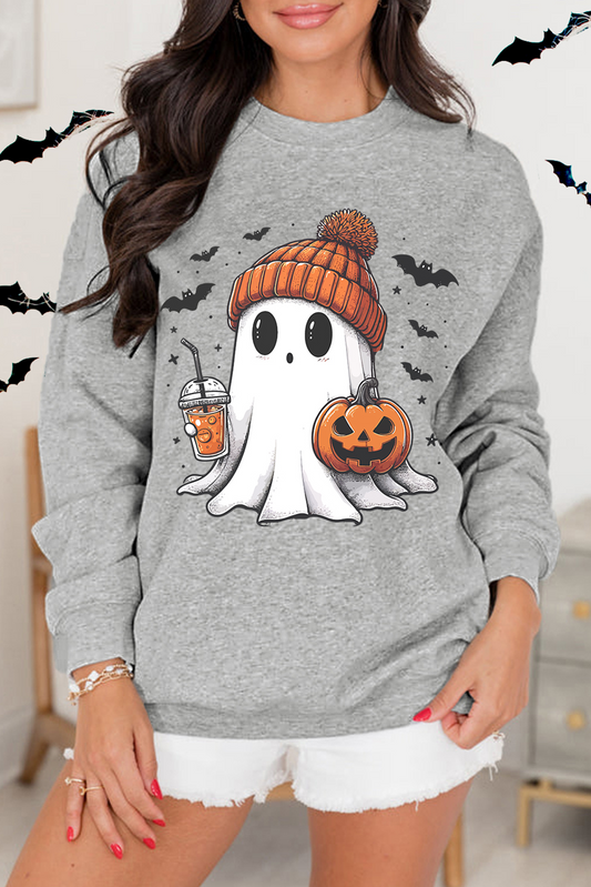 Gray Halloween Ghost Print Crewneck Drop Shoulder Sweatshirt Gray 50%Polyester+50%Cotton Graphic Sweatshirts JT's Designer Fashion