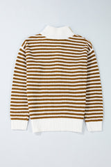 Khaki Stripe Zip up Collar Drop Shoulder Sweater Sweaters JT's Designer Fashion