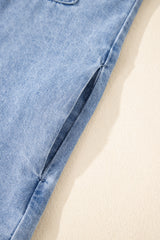 Dusk Blue Short Sleeve Pocketed Button up Denim Tunic Dress Mini Dresses JT's Designer Fashion