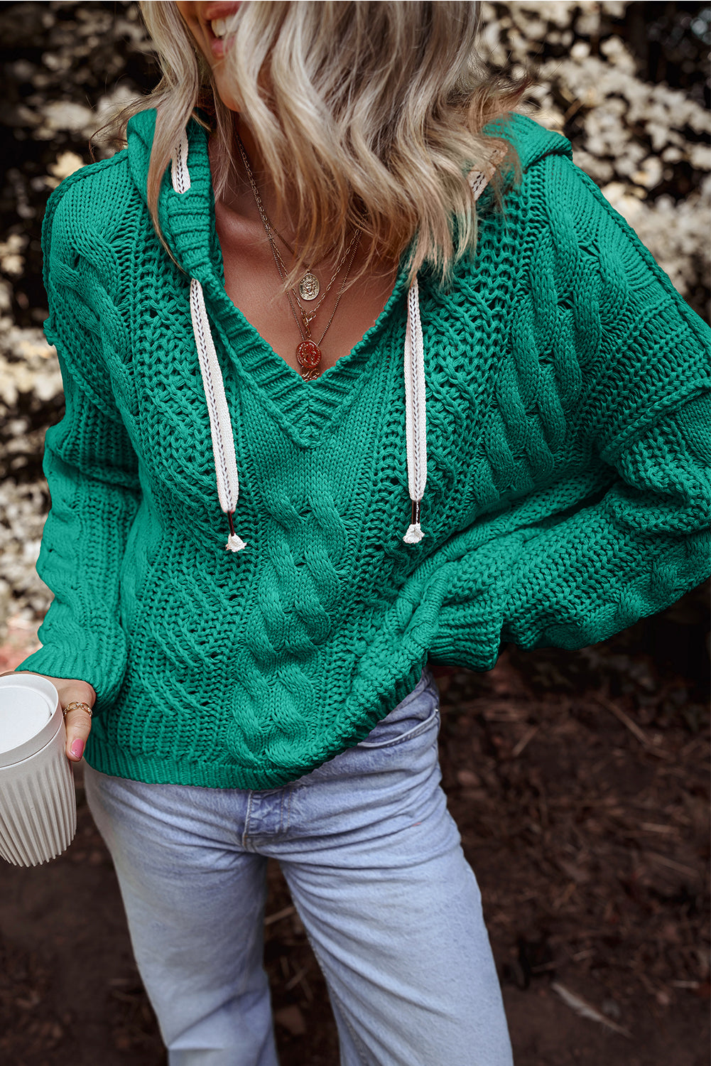Sea Green Cable Knit V Neck Contrast Drawstring Hooded Sweater Sweaters JT's Designer Fashion