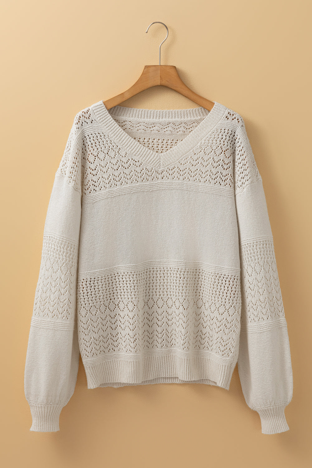 White Eyelet Pattern Detail V Neck Drop Shoulder Sweater Sweaters JT's Designer Fashion