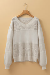 White Eyelet Pattern Detail V Neck Drop Shoulder Sweater Sweaters JT's Designer Fashion