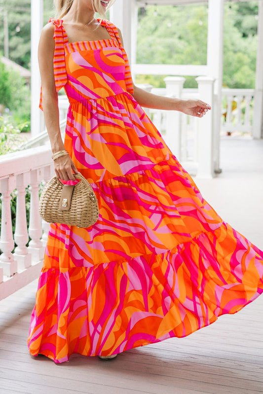Red Abstract Print Knotted Shoulder High Waist Long Dress Maxi Dresses JT's Designer Fashion