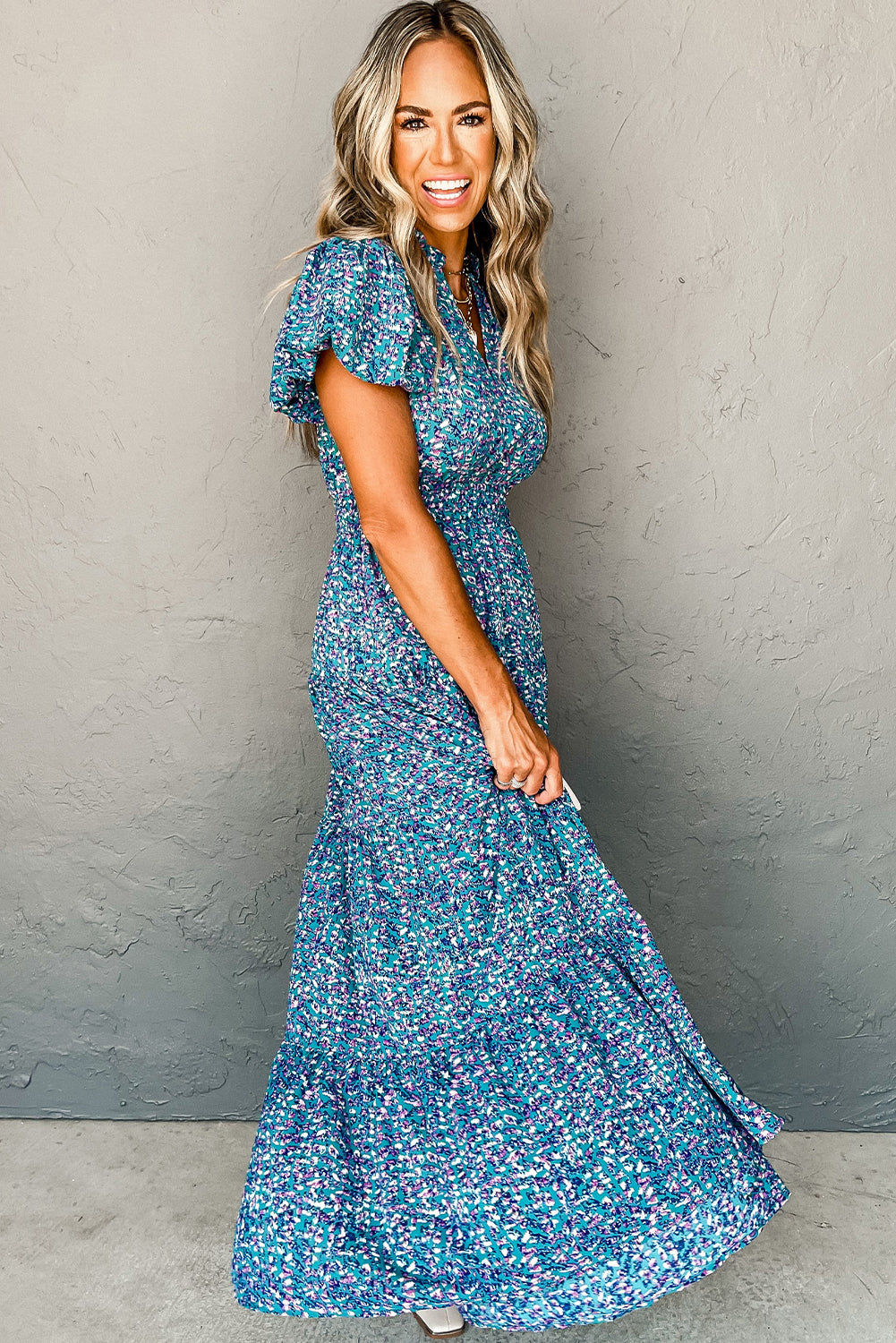 Blue Printed Split V Neck Shirred High Waist Maxi Dress Dresses JT's Designer Fashion