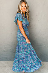 Blue Printed Split V Neck Shirred High Waist Maxi Dress Dresses JT's Designer Fashion
