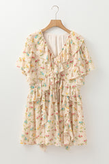 Apricot Boho Floral Tassel Tie V Neck Ruffle Wide Sleeve Mini Dress Floral Dresses JT's Designer Fashion