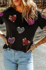 Black Sequin Heart Patched Pattern Crewneck Valentines Tee Graphic Tees JT's Designer Fashion