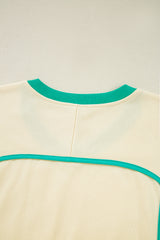 White Contrast Trim Colorblock Long Sleeve Pullover and Drawstring Shorts 2pcs Outfit Short Sets JT's Designer Fashion