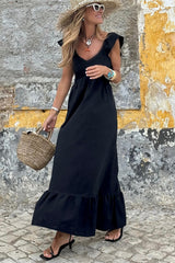 Black V Neck Flutter Sleeve Smocked Bodice High Waist Ruffle Long Dress Maxi Dresses JT's Designer Fashion