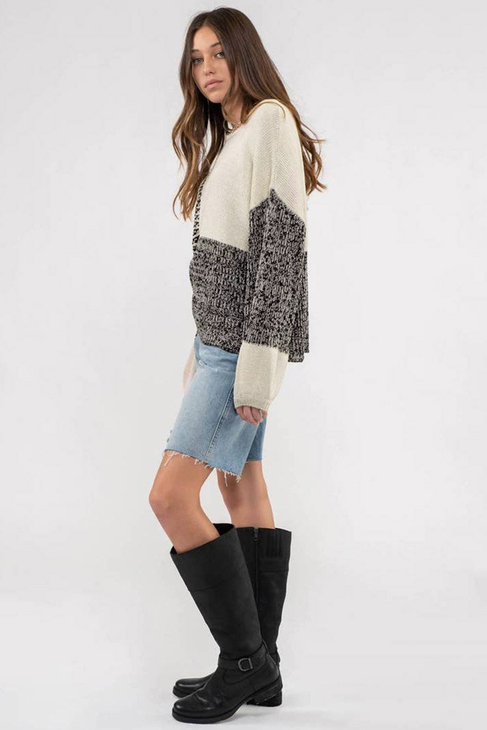 Black Neutral Colorblock Tie Back Sweater Sweaters & Cardigans JT's Designer Fashion