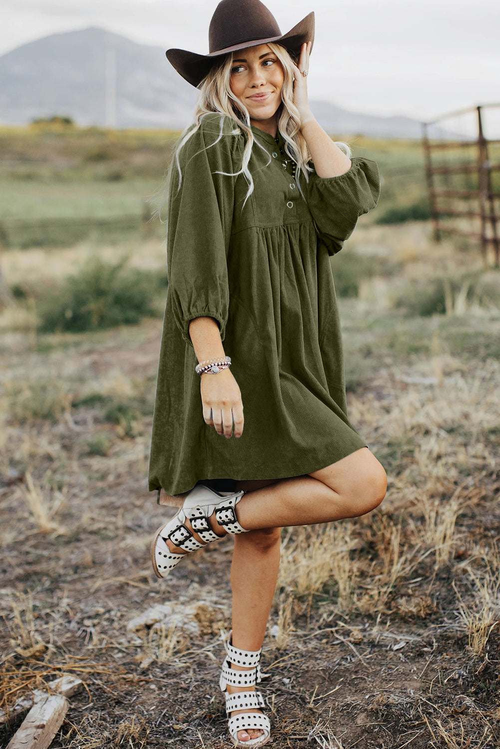 Vineyard Green Corduroy Snap Buttons Empire Waist Bracelet Sleeve Dress Mini Dresses JT's Designer Fashion