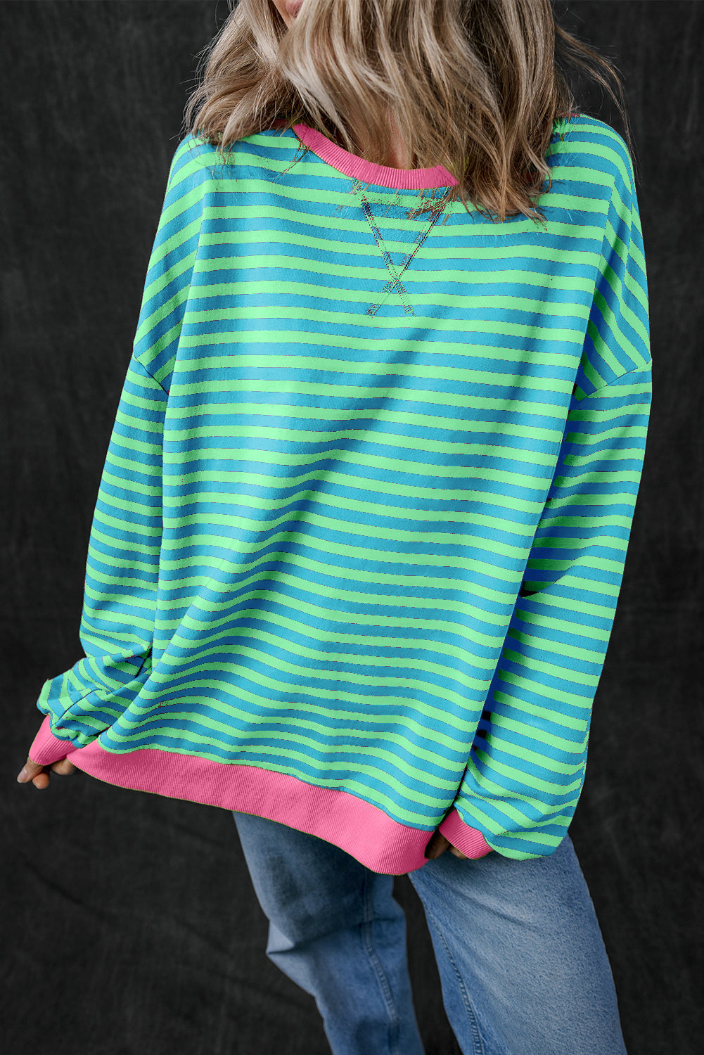 Sky Blue Stripe Oversized Contrast Trim Pullover Sweatshirt Sweatshirts & Hoodies JT's Designer Fashion